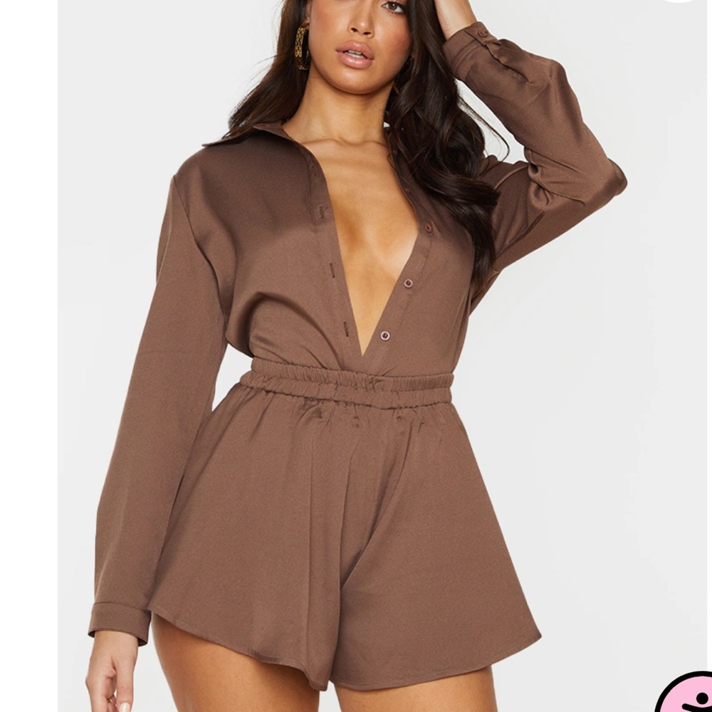 Mocha Oversized Long Sleeved Button Down Shirt and Floaty Shorts Set- US Size 12